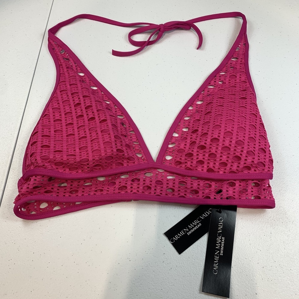 Carmen Marc Valvo Women's Bikini Top Swim Halter S Swim Laser Cutouts Ultra Pink